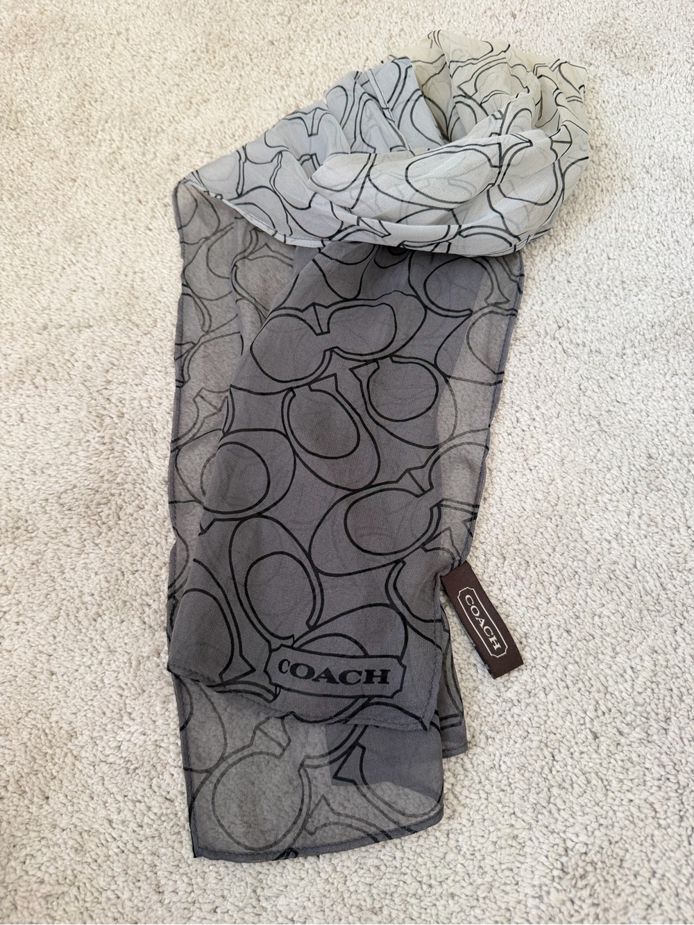 Vintage Coach Signature C Sheer Scarf Gray Black Lightweight Long Wrap